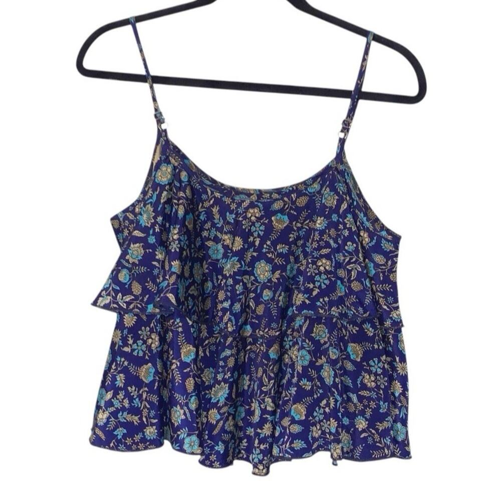RAGA Anthropologie women's size S Blue Floral Print Spaghetti Strap Rayon Top - Picture 2 of 8